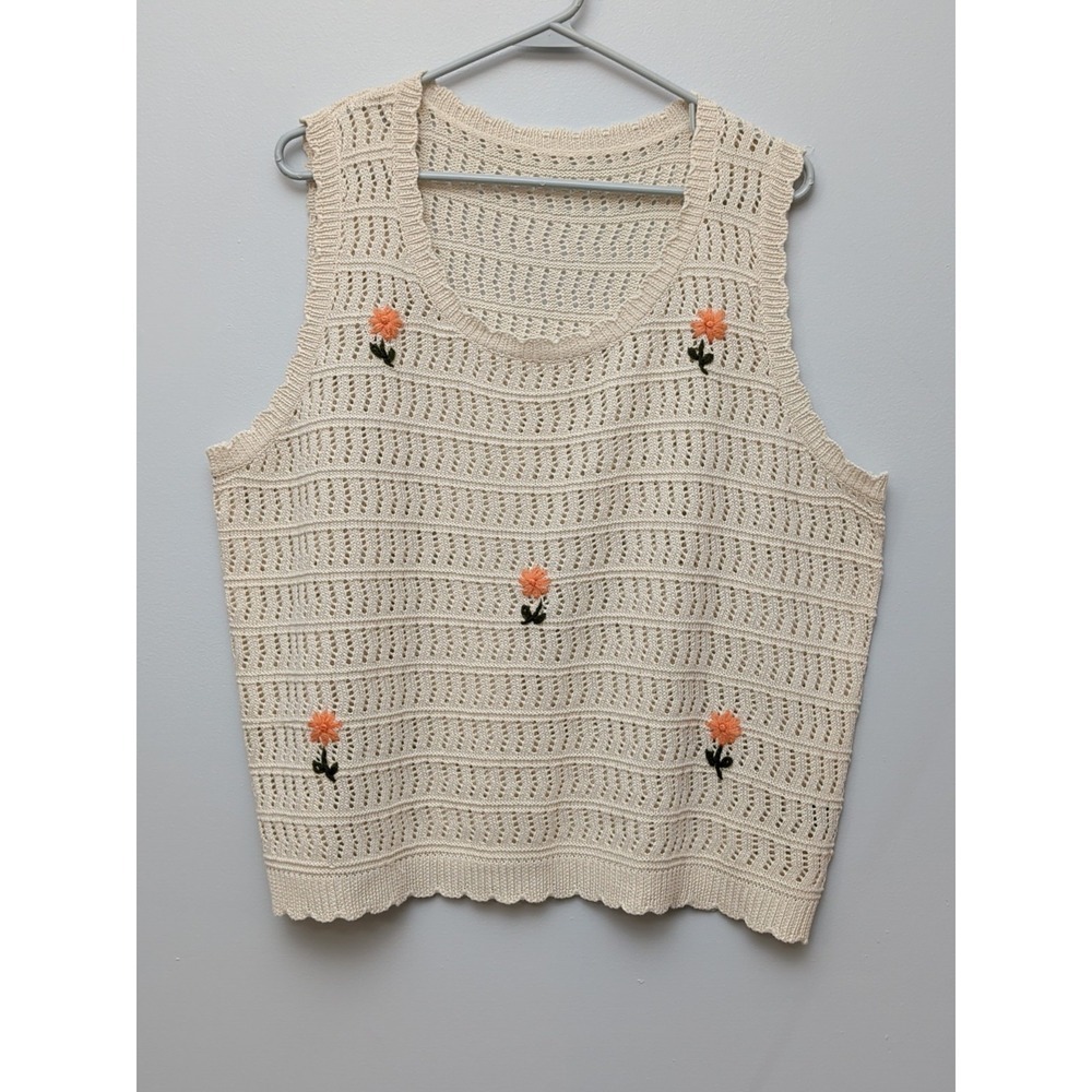 DR2 Shein Cream Cardigan Crochet Floral Sweater Vest Sz 1XL Cottage Grandma Wife